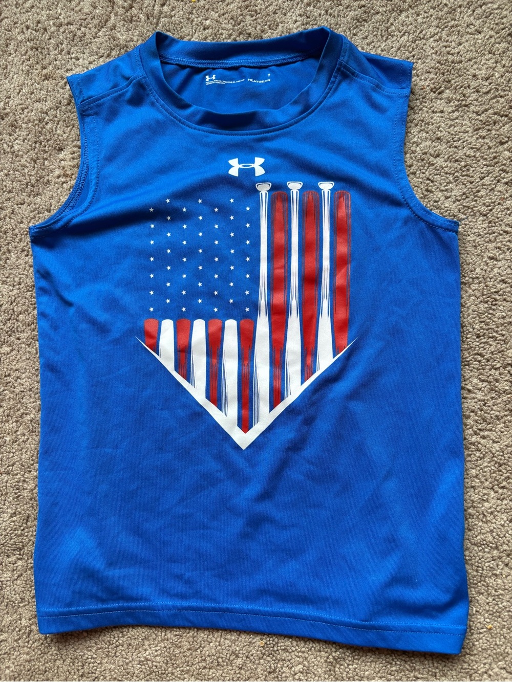 Under Armour Blue Boys' Sleeveless Tank with Red & White Flag Bat Graphic
